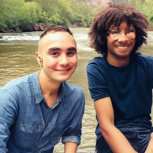 Image similar to a queer human named river sitting next to their friend who is also named river by a river