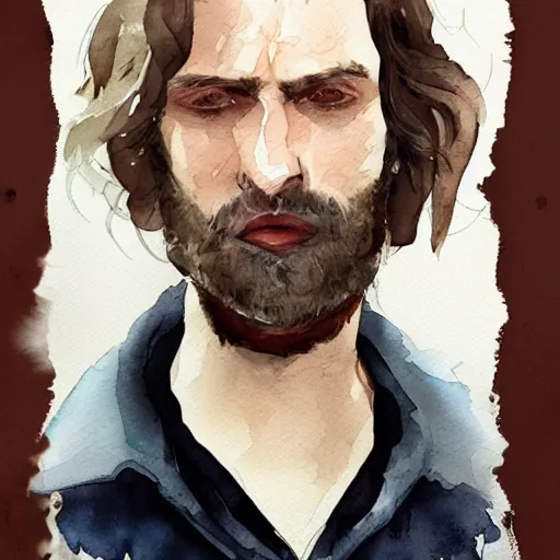 Image similar to Portrait of a handsome man with mutton chops, pale white face, long hair, un down, baggy eyes, tired face watercolor, brushstrokes, high detail, artstation