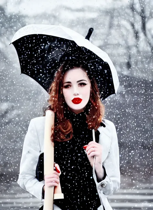 Image similar to a beautiful white pale skin girl, black and white, vibrent red lipstick, umbrella, hat