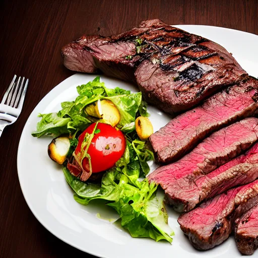 Prompt: photo of a lavish and exquisite dinner, including a large seasoned steak with a salad, with a grilled and a seasoned vegetable medley on the side, mouthwatering, studio advertising photography, f/1.8 32mm HDR