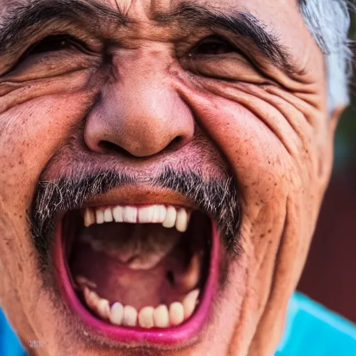 Prompt: a really close - up shot of a laughing mexican man, photography, 8 k