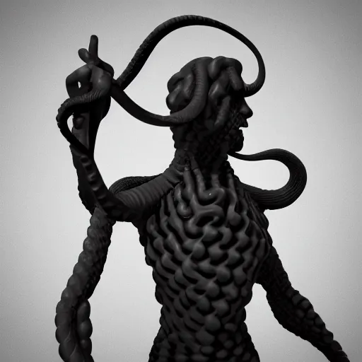 Prompt: 3 d render of a sculpture of a pirate full of tentacles, no colors, white and black, plastic, 4 k, 8 k, hd,