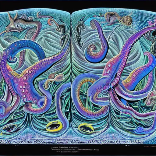 Image similar to strange bestiary of repressed unconscious cephalopod chimeras by Alex grey