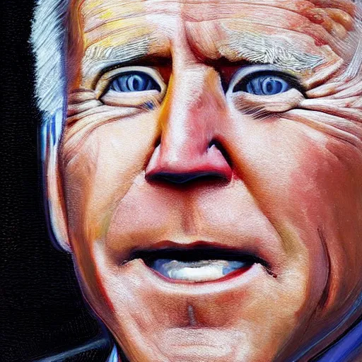 Image similar to Highly detailed close-up painting of President Joe Biden’s face, slight smirk, single tear rolling down his cheek, dark background, reflection of fire in his eyes, oil on canvas, painting by Chuck Close in the style of Hans Memling