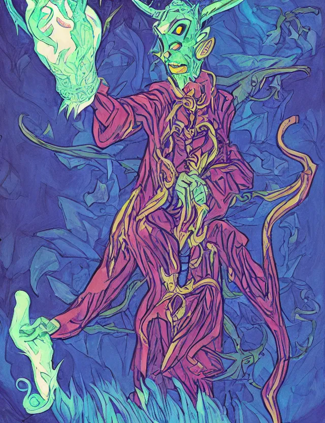 Image similar to luna moth sorcerer. this heavily stylized gouache painting by the indie comic artist has interesting color contrasts, plenty of details and impeccable lighting.