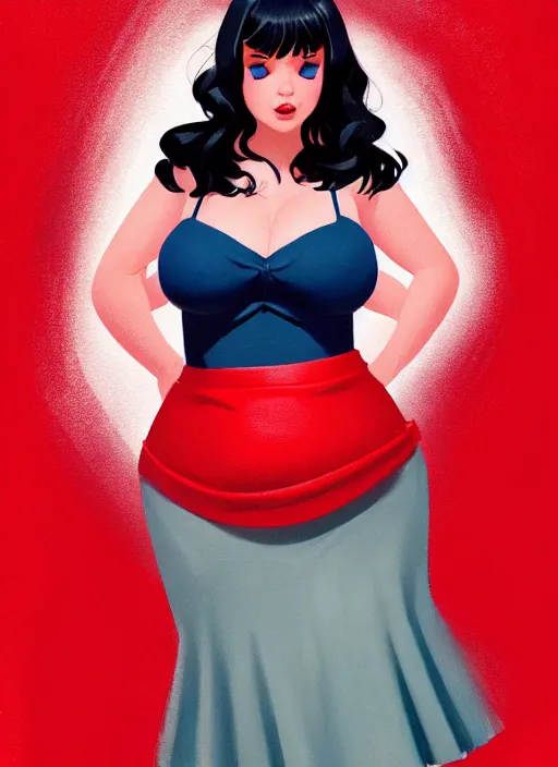 Image similar to full body portrait of teenage veronica lodge, obese, bangs, sultry, realistic, sultry smirk, wavy hair, red skirt, fat, belly, intricate, elegant, glowing lights, highly detailed, digital painting, artstation, concept art, smooth, sharp focus, illustration, art by wlop, mars ravelo and greg rutkowski