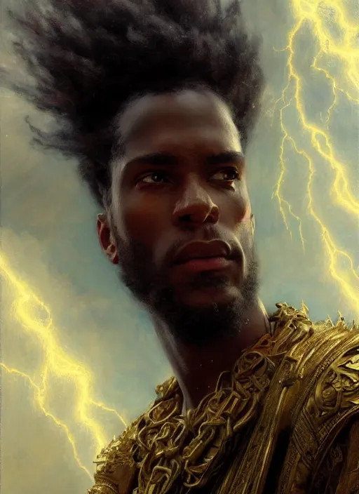 Image similar to young black man, god of lightning, flowing robes, powerful, smug expression, highly detailed painting by gaston bussiere, craig mullins, j. c. leyendecker 8 k, sparkling storm clouds