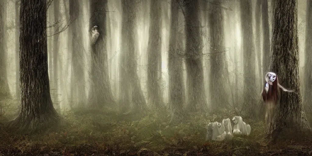 Prompt: ghost's of the forest with wood spirits in the trees with will o the wisp, photorealistic, wlop, 4 k resolution h 7 6 8