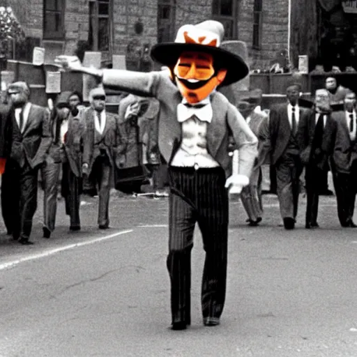 Image similar to A movie still of the Burger King mascot in the Godfather (1972)
