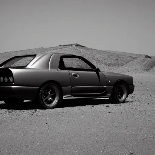 Prompt: vintage photo of nissan skyline r 3 4 near egypt pyramids, grayscale, photorealistic, highres