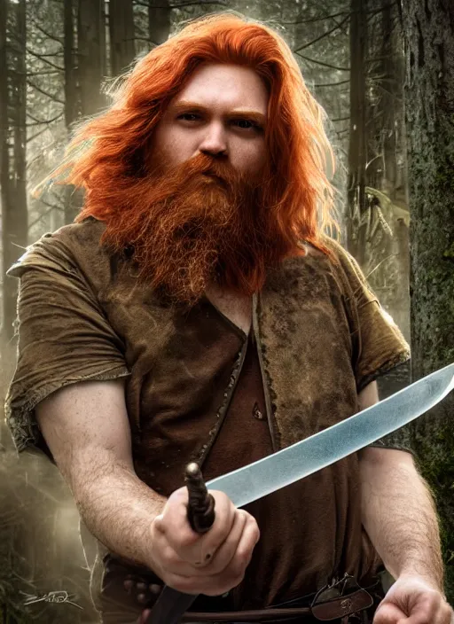 Image similar to 8K, grungy redhead 30-something bearded long haired swordsman holding a short curved sword in a ultradetailed pacific northwest redcedar forest, smooth, sharp focus, illustration. sharp focus, grungy matte painting detailed, intricate, cinematic lighting,