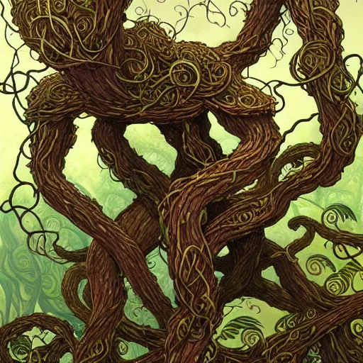 Image similar to anthropomorphic tangle of vines and plant matter. this fantasy creature guards the woods from unwary travelers. similar to a treant or forest spirit. By rebecca guay, by terese nielsen, by aaron miller, by kieran yanner. trending on artstation. 4k resolution.