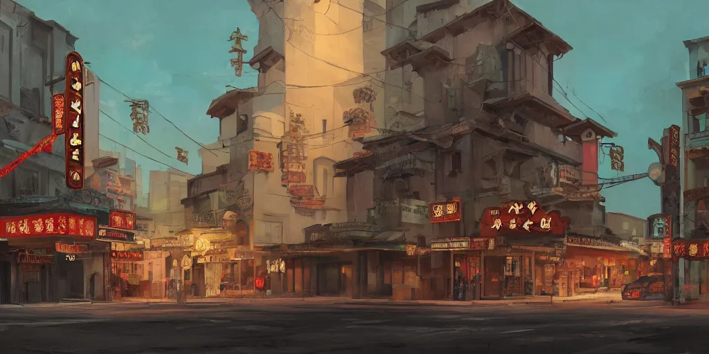 Image similar to old cinema in chinatown, evening, matte painting, studio ghibli, artstation