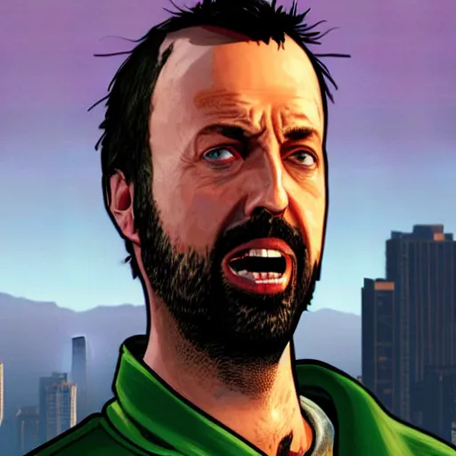 Prompt: Tom Green in GTA V cover, rockstar games, no text,