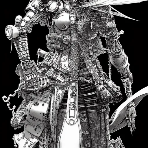 Image similar to a vertical portrait of a character in a scenic environment by yoshitaka amano and nihei tsutomu, black and white, dreamy, steampunk armor, highly detailed