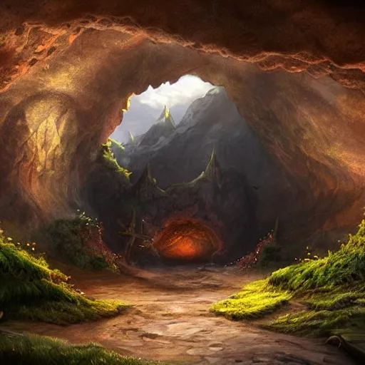 Image similar to beautiful matte painting of a fantasy cave entrance