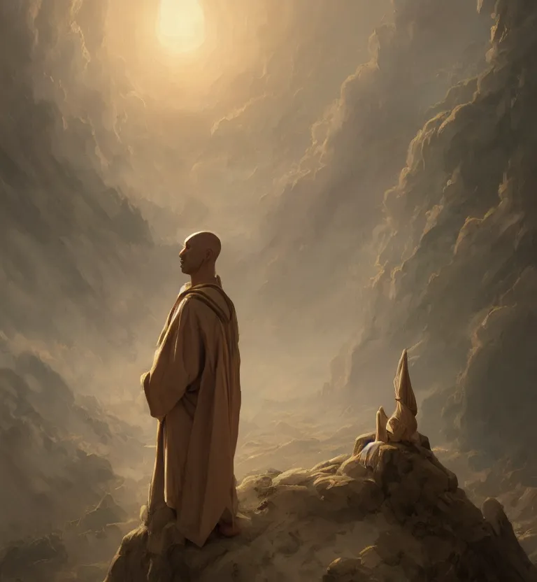 Prompt: symmetric painting of a bald tall tan man with elongated ears wearing a flowing robe overlooking the earth, nature, eyes closed, greg rutkowski, lacoste, raphael, ruan jia, trending on artstation, detailed digital art