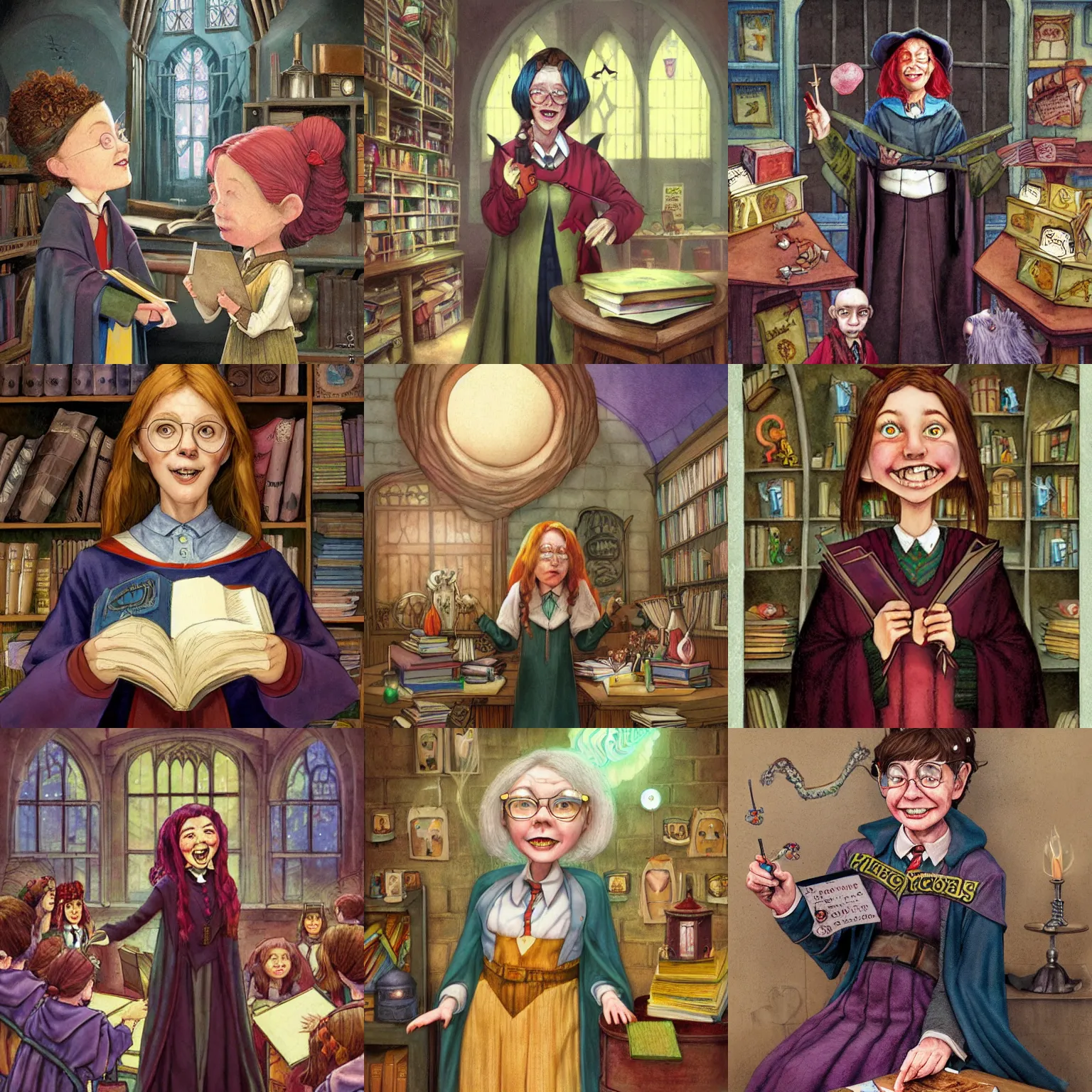 Prompt: Gytha Ogg as a cheerful teacher in Hogwarts, School of Witchcraft and Wizardry, detailed, hyperrealistic, colorful, cinematic lighting, digital art by Paul Kidby