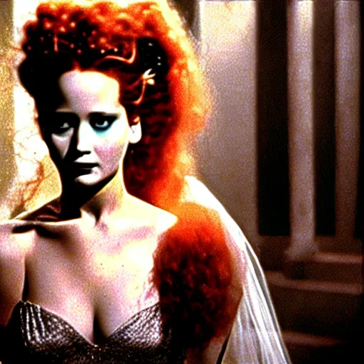 Image similar to jennifer lawrence, color photography, sharp detail, still from the movie bride of frankenstein