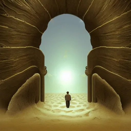 Prompt: A sand tsunami in the desert gate swallowing a man and a boy to different dimension spark, surreal ,Night