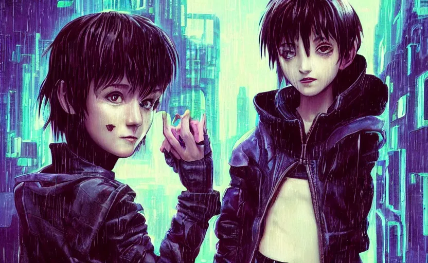 Prompt: an epic fantasy comic book style portrait painting of an extremely cute and adorable very beautiful cyberpunk lain ( serial experiments lain ) and a very imposing industrial goth trent reznor in the rain, neon reflections, character design by mark ryden and pixar and hayao miyazaki, unreal 5, daz, hyperrealistic, octane render, cosplay, rpg portrait, dynamic lighting, intricate detail, cinematic