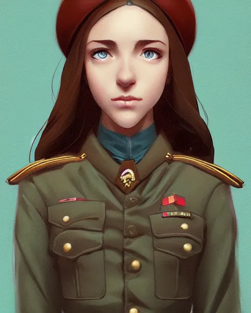 Image similar to portrait bust of young woman with shoulder length light brown hair and hazel eyes dressed in a sharp dark teal military uniform and beret, anime, ilya kuvshinov, greg rutkowski, ross tran, concept art, digital painting