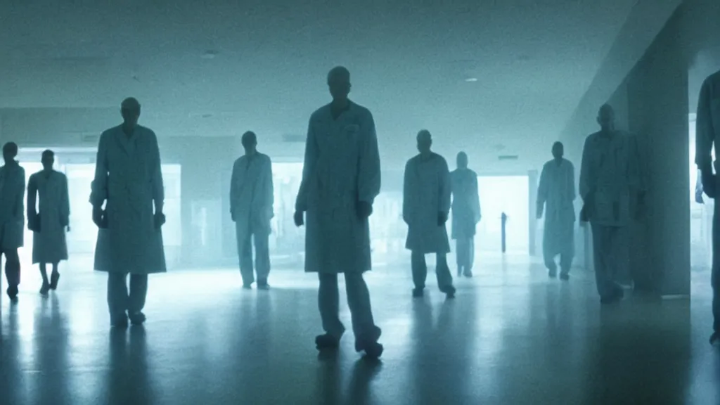 Image similar to shadow monsters invade the hospital, film still from the movie directed by denis villeneuve and david cronenberg with art direction by salvador dali, wide lens