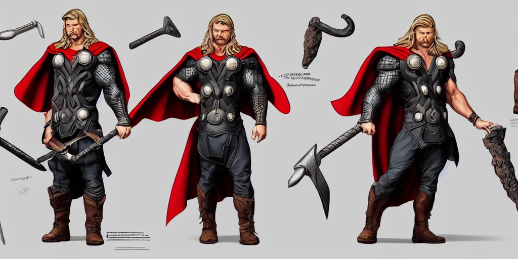 Image similar to cartoonish chris hemsworth as thor kissing his hammer and dancing, character sheet, fine details, concept design, contrast, kim jung gi, greg rutkowski, trending on artstation, 8 k, full body, turnaround, front view, back view, ultra wide angle