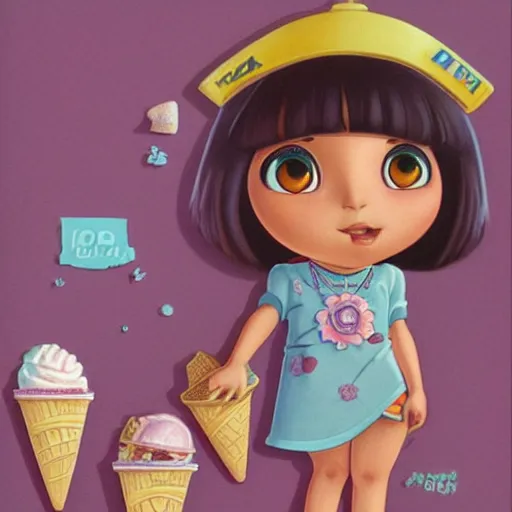 Image similar to dora the explorer as real girl holding ice cream, detailed, intricate complex background, Pop Surrealism lowbrow art style, muted pastel colors, soft lighting, by Mark Ryden and mucha, artstation cgsociety