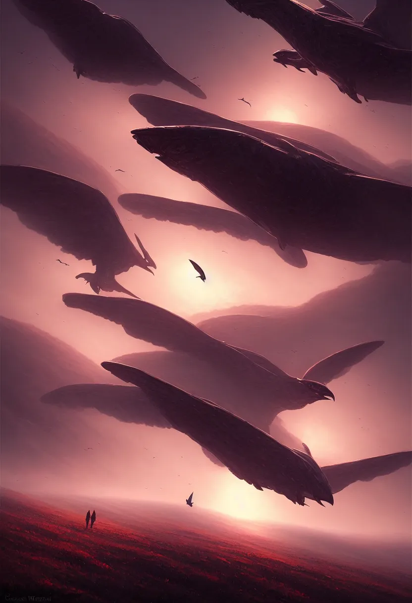 Image similar to strange alien birds flying up, autumn sunset, ultra high definition, ultra detailed, symmetry, fog, matte painting, by greg rutkowski and ross tran and wlop