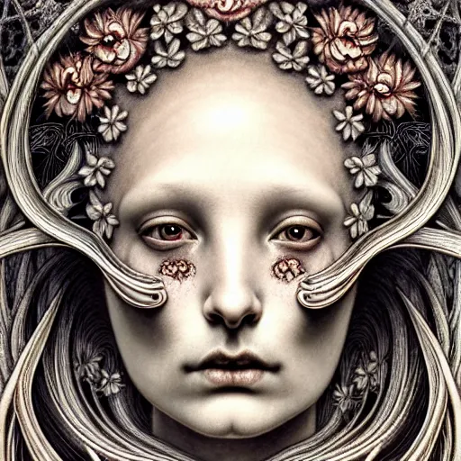 Image similar to detailed realistic porcelain beautiful calaveras death goddess face portrait by jean delville, gustave dore, iris van herpen and marco mazzoni, art forms of nature by ernst haeckel, art nouveau, symbolist, visionary, gothic, neo - gothic, pre - raphaelite, fractal lace, intricate alien botanical biodiversity, surreality, hyperdetailed ultrasharp octane render