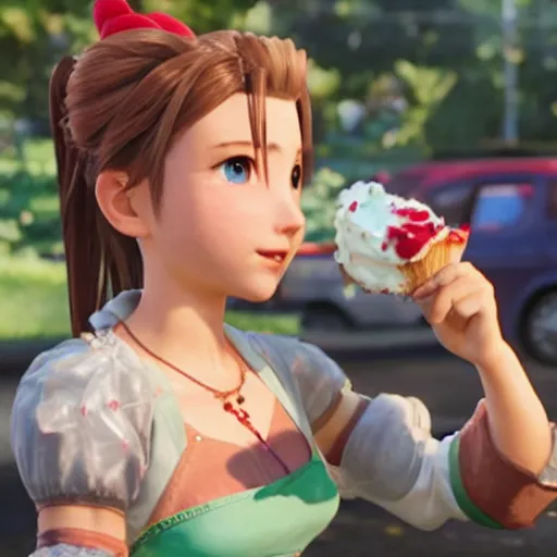 Image similar to Aerith Gainsborough from Final Fantasy VII Remake eating an ice cream cone