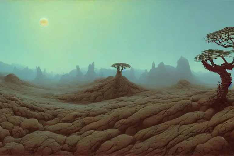 Prompt: a beautiful landscape of an alien planet by zdzisław beksiński, dariusz zawadzki, jeffrey smith and h.r. giger, oil on canvas, 8k highly professionally detailed, trending on artstation