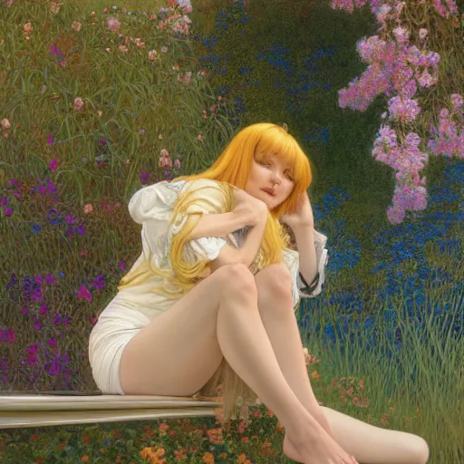 Image similar to A young woman with blonde long hair and bangs in shorts and white shirt drawn by Donato Giancola and Robert McGinnis and Julie Bell and Zeronis and alphonse mucha, background by James Jean and gustav klimt, 4k, sunny day, volumetric lighting, french nouveau, trending on artstation, octane render, hyperrealistic