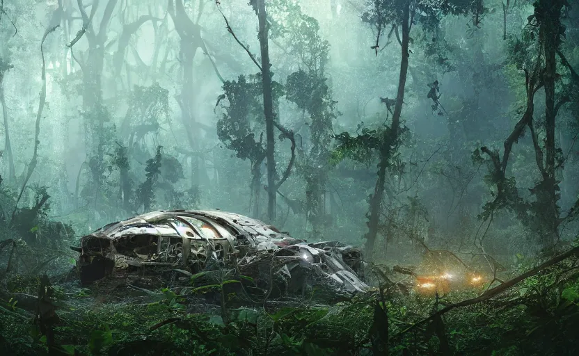 Prompt: a giant derelict metallic symmetrical spaceship crashed in a dense rainforest and broken into pieces, covered with vines, tribal people nearby, foggy atmosphere, sharp details, photorealistic, octane render, god rays, cinematic lighting, immense scale