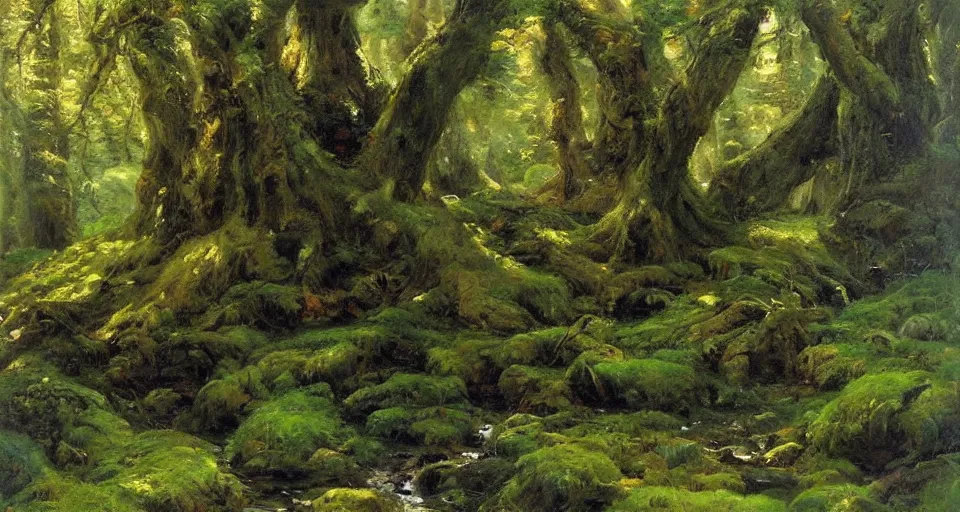 Prompt: ancient oak forest, mossy rocks, stream, oil painting, vivid colors, brush strokes, elegant, highly detailed, by richard schmid and john singer sargent