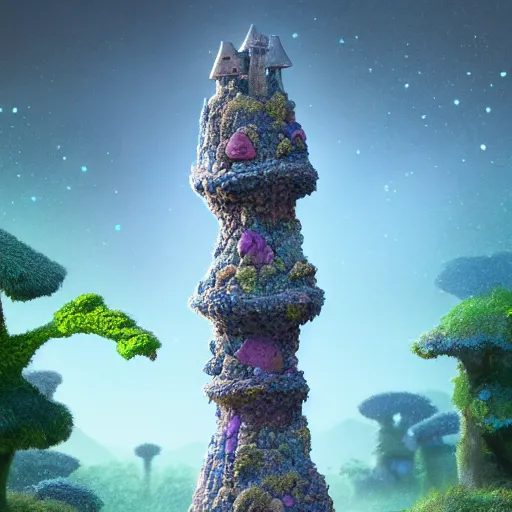 Image similar to tiny stone tower, expressive eyes, floating, rbc, radiolaria, protophyta, micro - organisms, center frame, symmetric, rim light, marine microbiology, bioluminescence, electric, fur, soft, concept art, intricate details, highly detailed, colorful, photorealistic, disney pixar, octane render, iridescent, anime