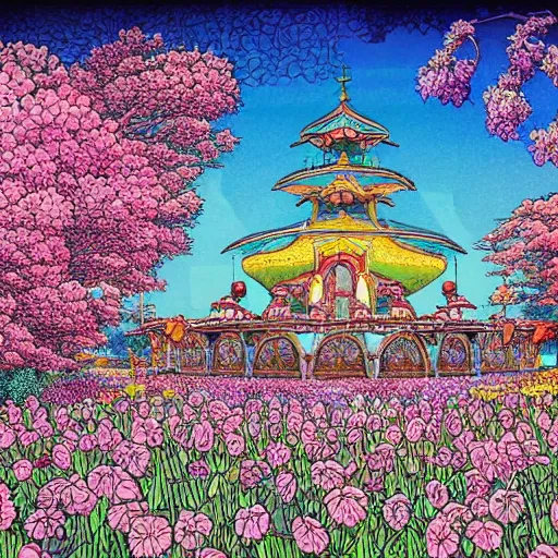 Image similar to a beautiful painting of a large exquisite mystical shrine in a field of flowers by moebius and studio ghibli, hyper detailed vector line art, fountain pen art