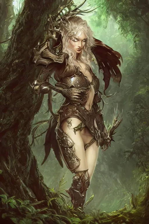 Image similar to dryad in armor in the forest, d & d, fantasy, portrait, highly detailed, headshot, digital painting, trending on artstation, concept art, sharp focus, illustration, art by artgerm and greg rutkowski and magali villeneuve