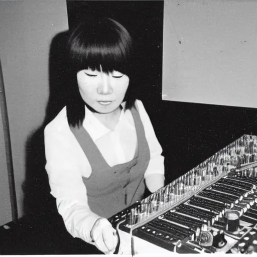 Image similar to 1 9 7 0 s polaroid of a female japanese musician playing a vintage modular synthesizer, hazy, faded