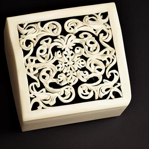 Image similar to arabesque carved ivory box, studio photography, black background