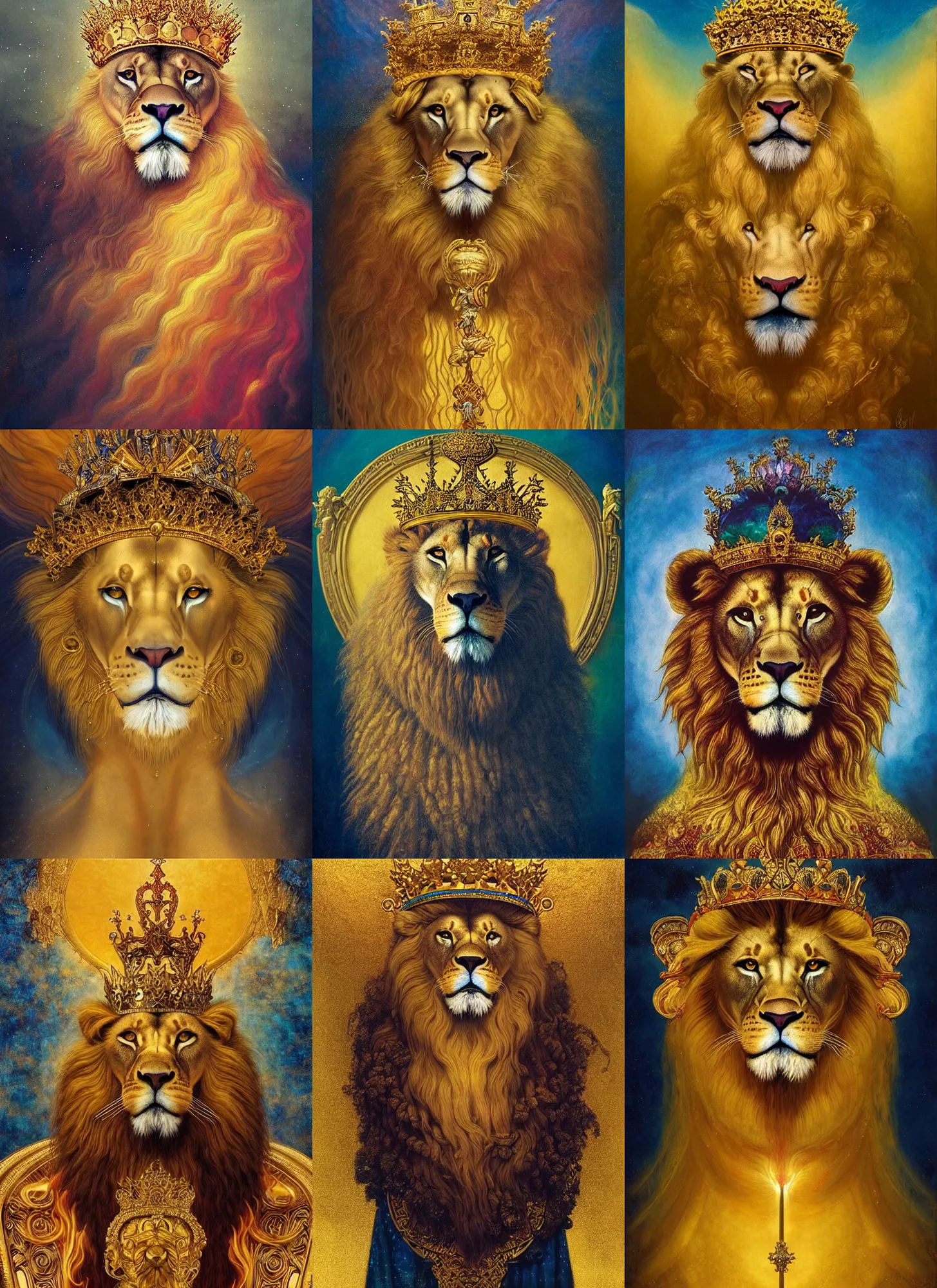 Prompt: “A majestic portrait of a lion wearing a crown, on a flaming throne, titian, Tom Bagshaw, Sam Spratt, maxfield parrish, gustav klimt, high detail, 8k, underwater light rays, intricate, royalty, vibrant iridescent colors,art nouveau, yellow navy and gold”