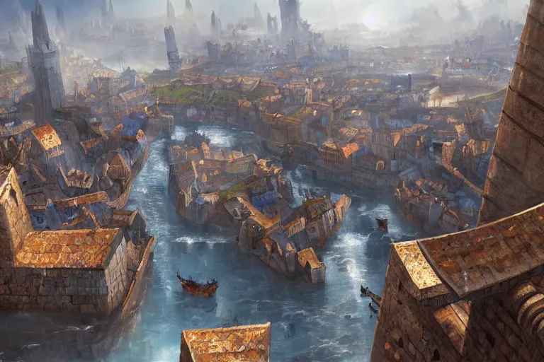 Image similar to A giant medieval city with big walls and big defensive structures, the houses have blue roofs and a big rivers flows through the heart of the city, gigantic scale, dynamic lighting, cinematic, concept art, trending on artstation