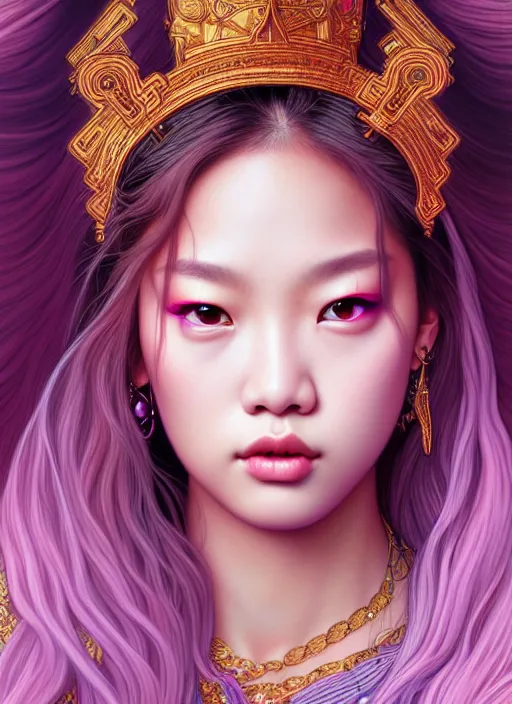 Image similar to jennie of blackpink, queen, tarot card, highly detailed, digital painting, smooth, sharp focus, illustration, ultra realistic, unreal engine, 8 k, art by artgerm and alphonse mucha