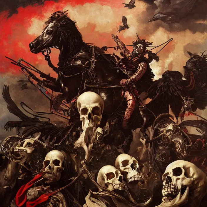 Image similar to horsemen of the apocalypse, bones, skulls, smoke, a flock of crows, snakes, smoke, flames, full-length, oil painting in a renaissance style , very detailed, red background, painted by Caravaggio, Greg rutkowski, Sachin Teng, Thomas Kindkade, Alphonse Mucha, Norman Rockwell, Tom Bagshaw.