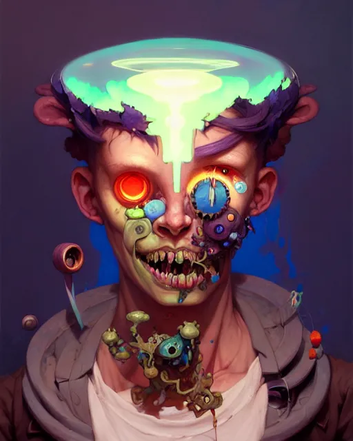 Image similar to portrait of a patchwork boy, bioluminescent, horror, expressive, asymmetrical art, highly detailed, concept art, vivid, colorful, hyperrealism, epic, art by peter mohrbacher and wlop and rhads and artgerm and magali villeneuve and alphonse mucha, artstation, octane render, cgsociety