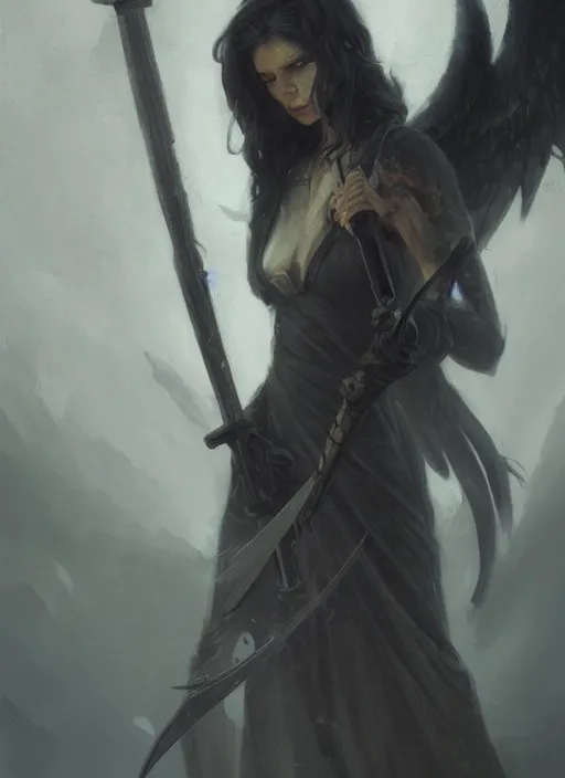Image similar to a portrait of a beautiful angel of death holding a large scythe by marco bucci and greg rutkowski, sharp focus, detailed, cinematic, closeup