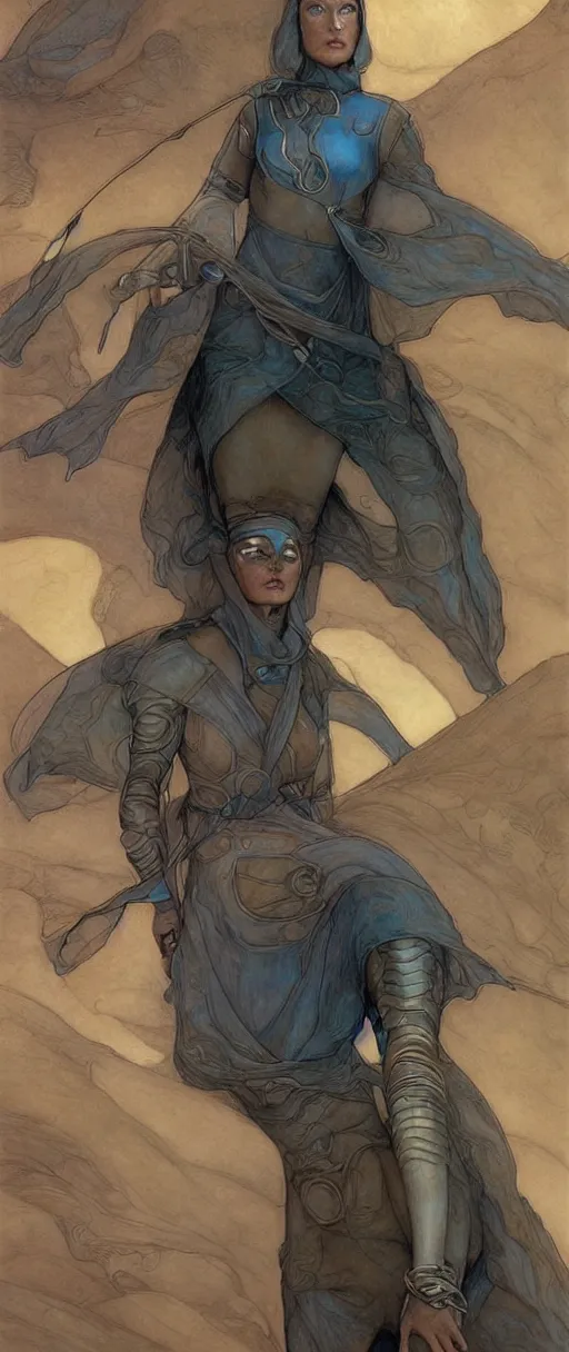 Prompt: beautiful female fremen on dune, by edgar maxence artgerm ross tran and michael whelan and gustav klimpt