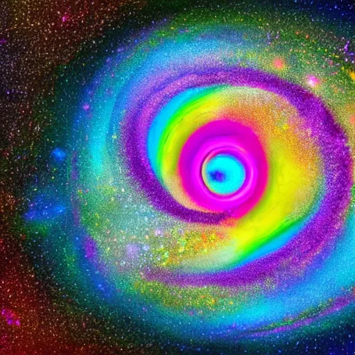 Prompt: the cirular swirled void, surrounded by rainbow galaxy,masterpiece 4k, intricate details, realistic, panoramic view, Hyperdetailed, 8k resolution