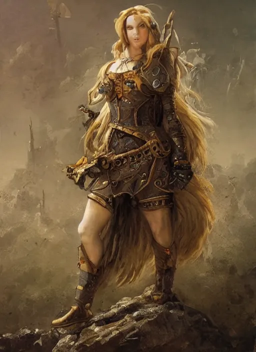 Prompt: highly detailed steampunk armor on a blond who is standing on a rock : leonardo da vinci, greg rutkowski, magali villeneuve